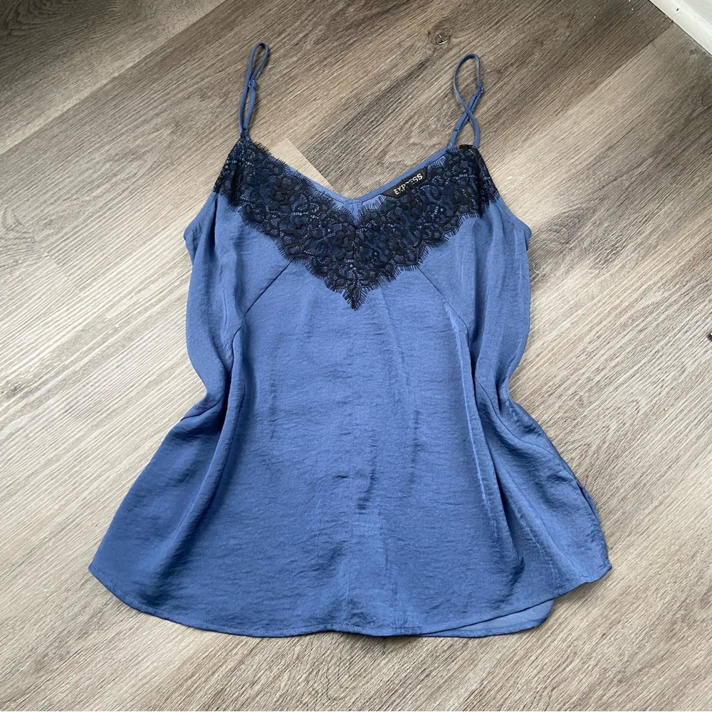 Blue satin lace trim Express cami